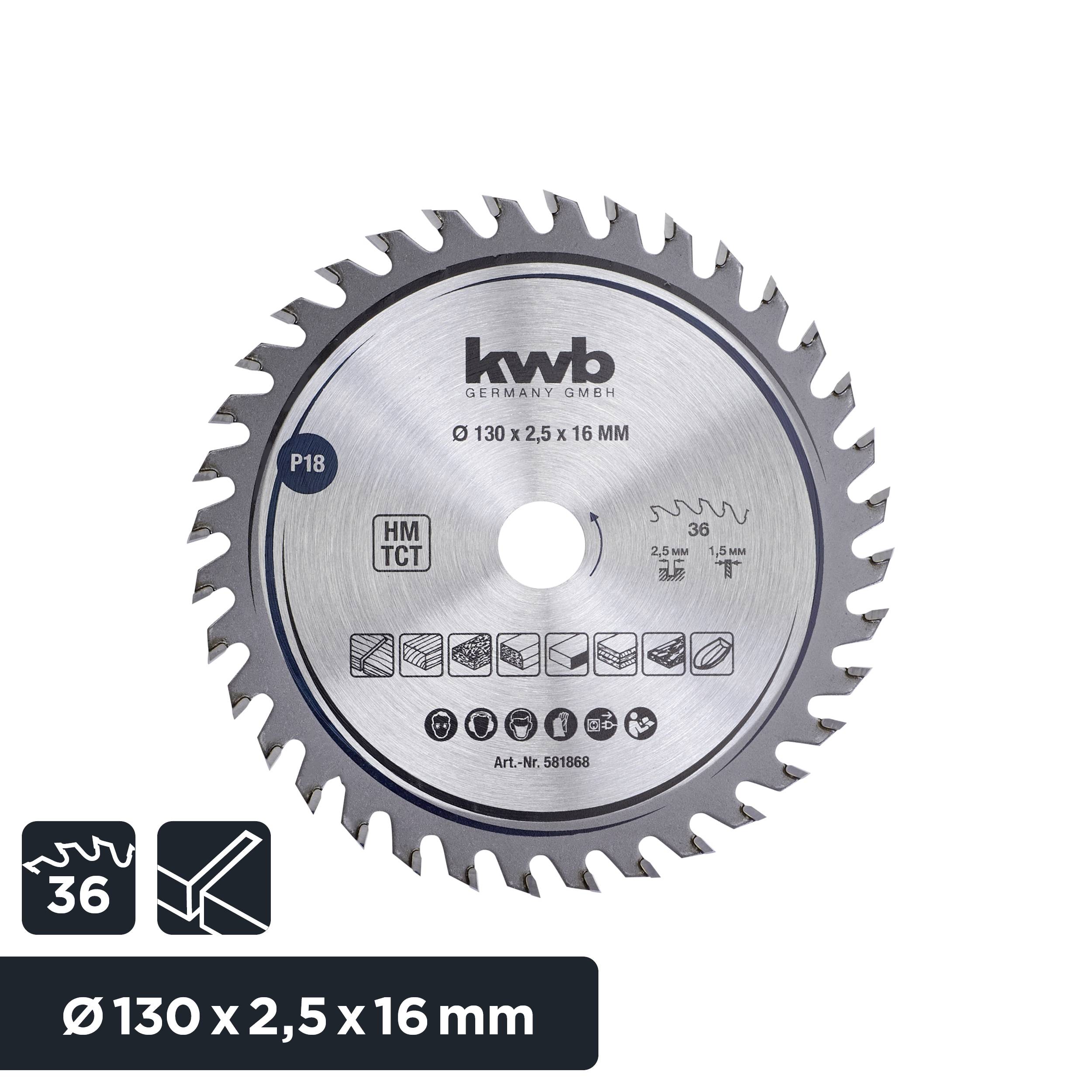 Tarcza piły tarczowej 'KWB' o średnicy 130 mm z 36 zębami, odpowiednia do obróbki drewna i tworzyw sztucznych. Włączone symbole techniczne.