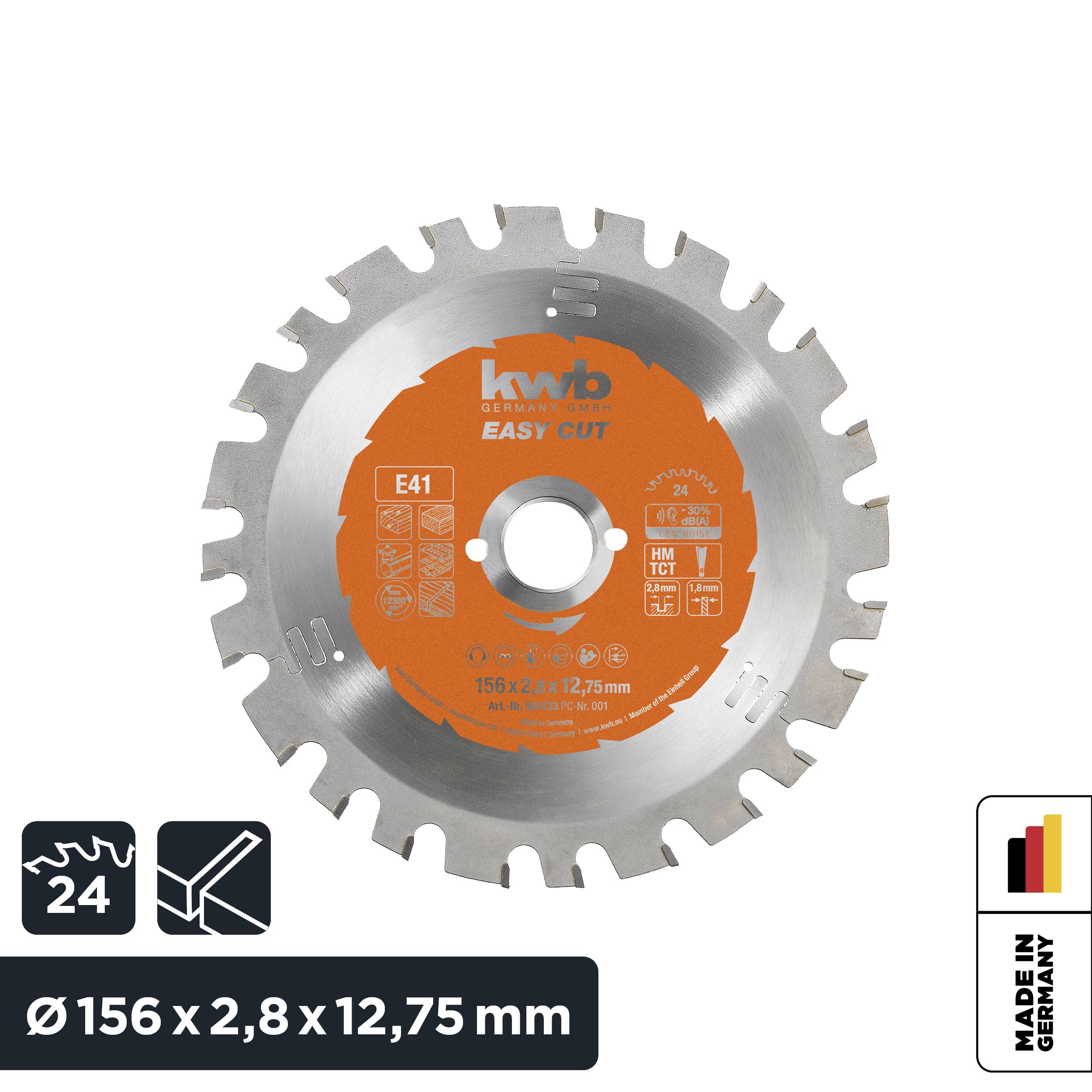 Tarcza piły tarczowej 'kwb Industrial Line' do drewna i metalu, Ø 156 mm, 24 zęby, pomarańczowa, z symbolami materiałów, flaga Niemiec.