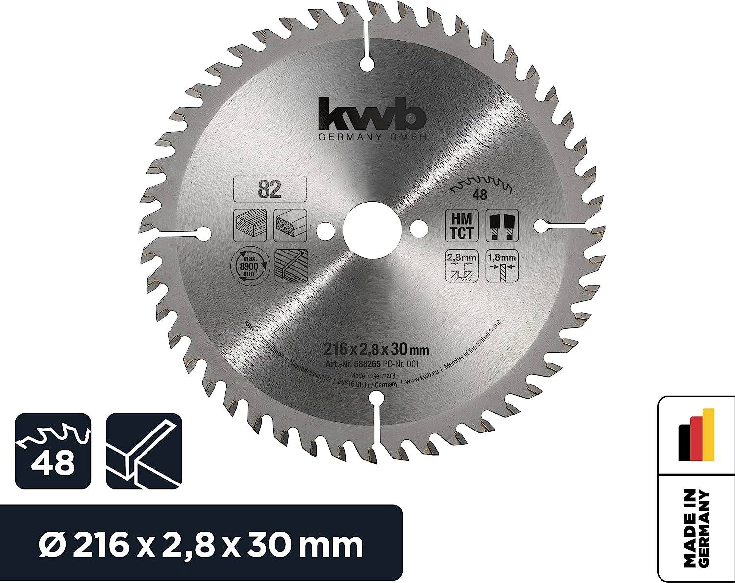 Tarcza piły tarczowej wykonana z metalu, wyposażona w 48 ostrych zębów. Logo 'Kwb Germany' oraz specyfikacje techniczne są wygrawerowane.