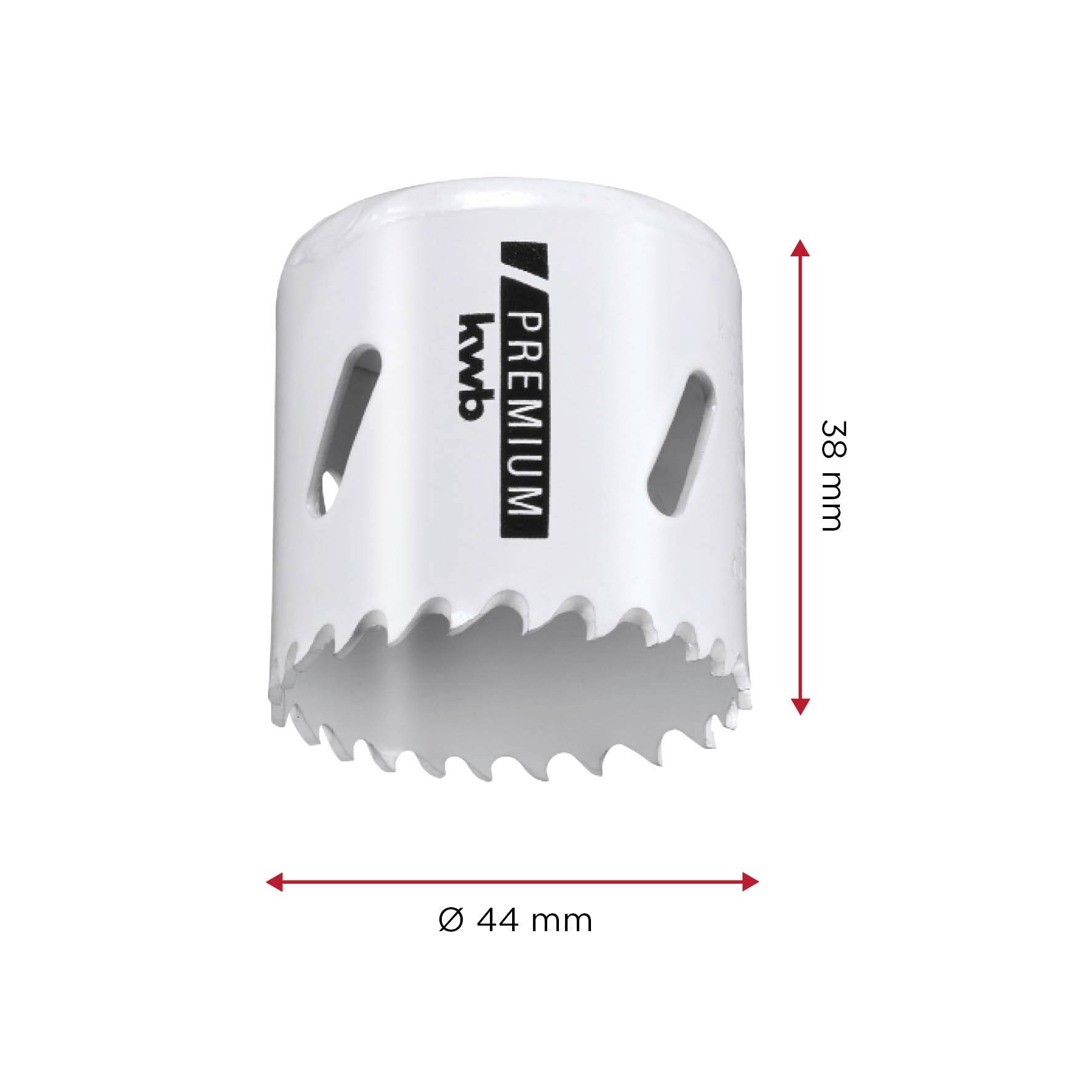'Brzeszczot do metalu, marka: kwb, Premium, średnica: 44 mm, wysokość: 38 mm, biały, z ząbkowanymi krawędziami, odpowiedni do cięcia metalu.'