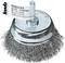 Szczotka druciana z metalowym uchwytem i włosiem do szorstkiej obróbki powierzchni. Etykieta wskazuje: 75 mm, wyprodukowana w Chinach.