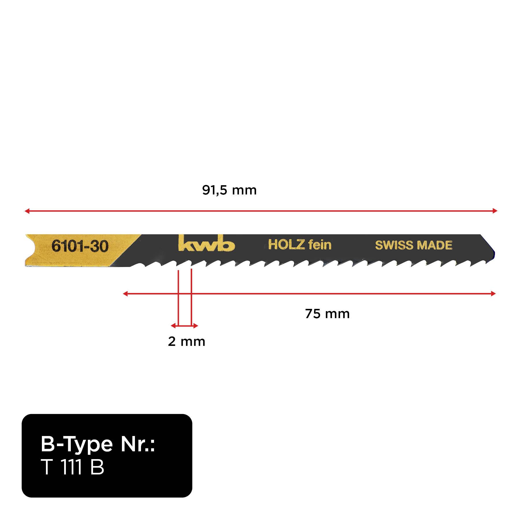 Piła KWB 6101-30, wykonana w Szwajcarii, do delikatnego drewna. Całkowita długość 91,5 mm, długość użytkowa 75 mm, rozstaw zębów 2 mm.