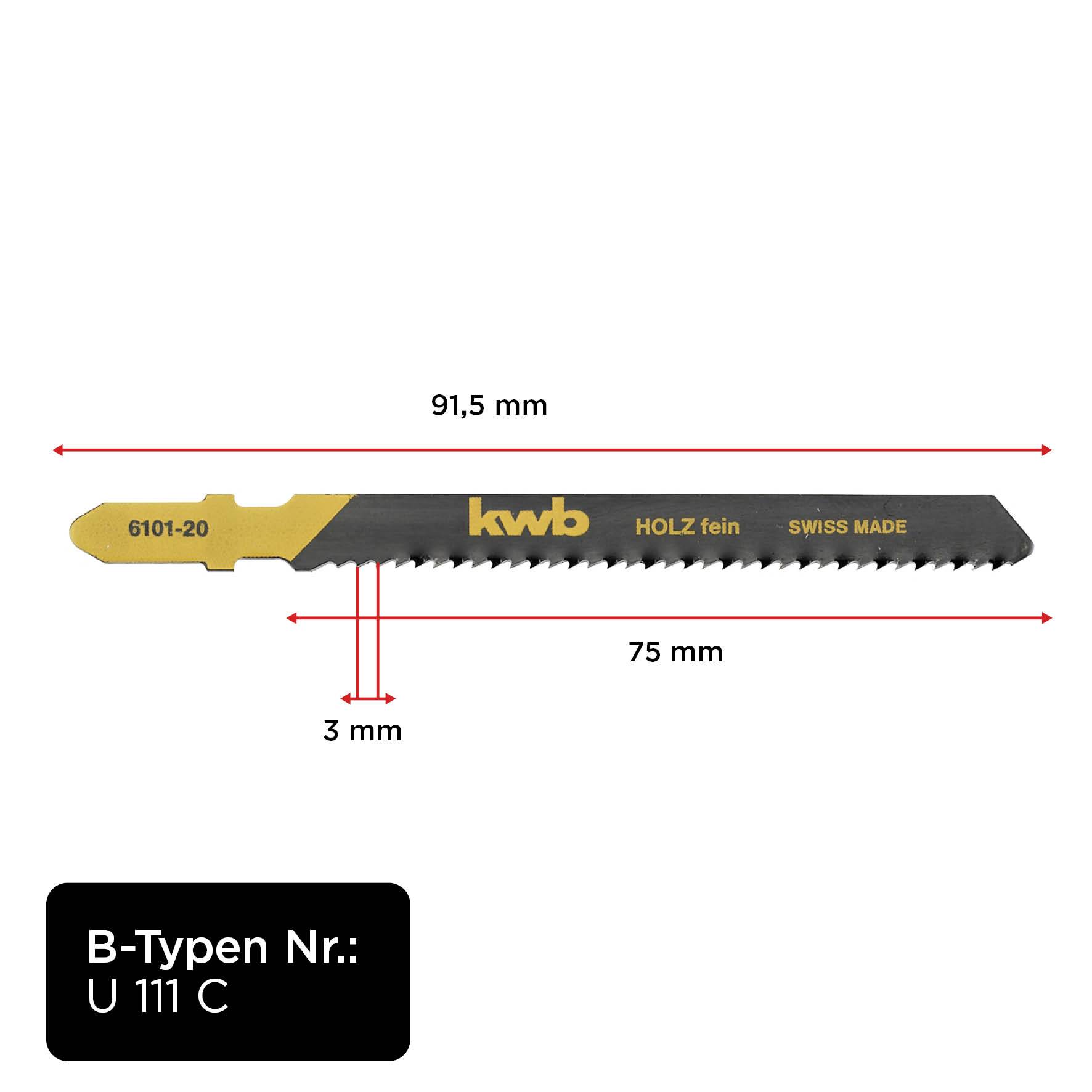 Brzeszczot do drewna, długość 91,5 mm, długość użytkowa 75 mm, gęsto i drobno ząbkowany do precyzyjnych cięć, Swiss Made, typ nr: U 111 C.