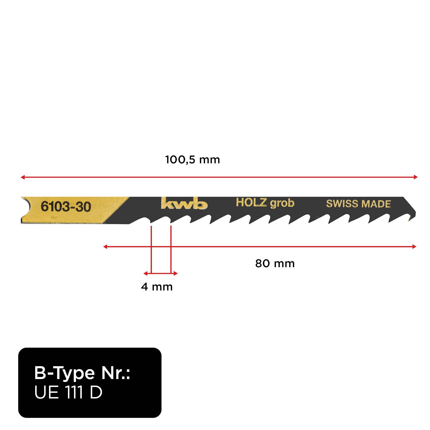 Piła z napisem 'kwb', długość 100,5 mm, użyteczna długość 80 mm, szerokość 4 mm, przeznaczenie 'DREWNO zgrubnie', numer typowy 'UE 111 D'.