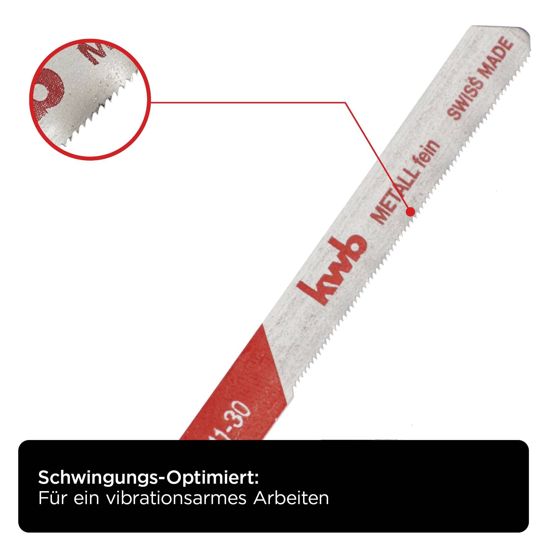 Brzeszczot z napisem 'kwb METAL drobny SWISS MADE'. Zoptymalizowany pod kątem drgań, zapewniający pracę o niskim poziomie wibracji.