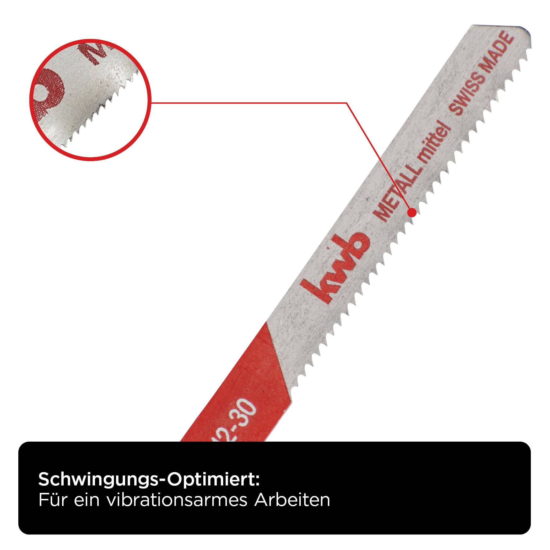 'Piła tarczowa z widocznym zbliżeniem uzębienia, oznaczona napisem "kwb METAL średni SWISS MADE". Tekst poniżej: "Zoptymalizowana pod kątem drgań: Dla pracy o niskich wibracjach".'