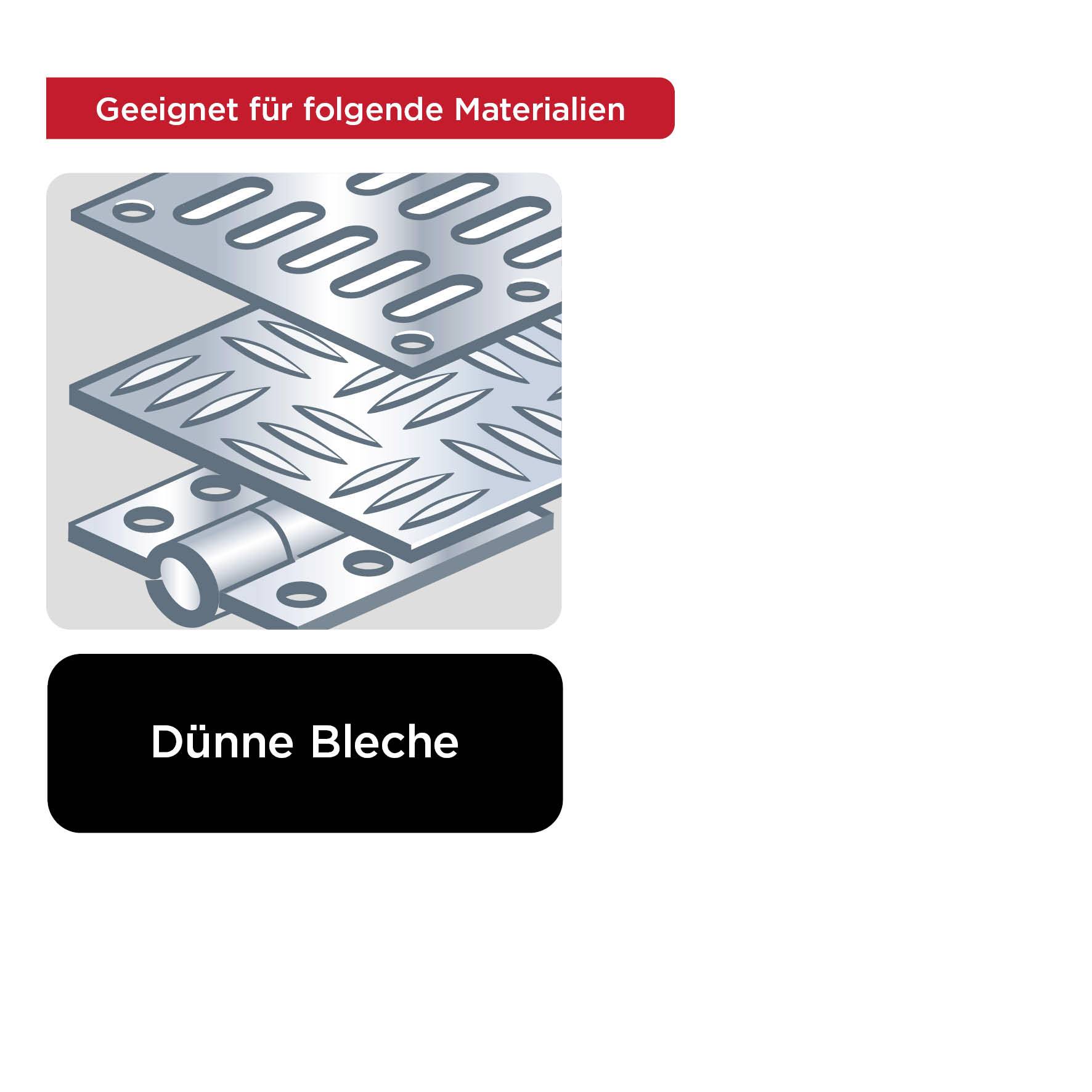 Rysunek cienkich blach z elementami mocującymi. Na górze napis 'Odpowiednie dla następujących materiałów', na dole 'Cienkie blachy'.