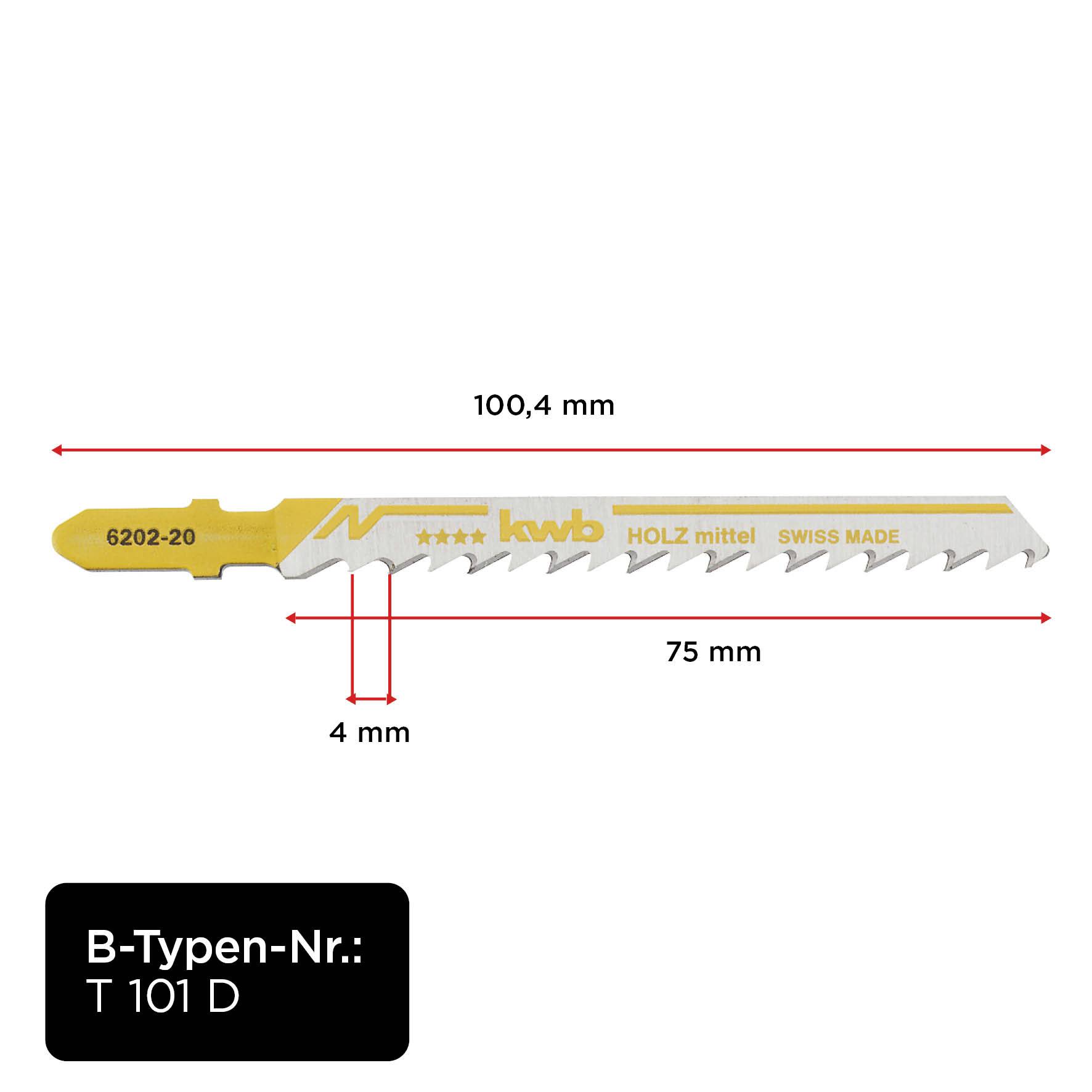 Brzeszczot do drewna z napisem 'kwb', długość 100,4 mm, rozstaw zębów 4 mm. Numer modelu: T 101 D. Produkcja szwajcarska.