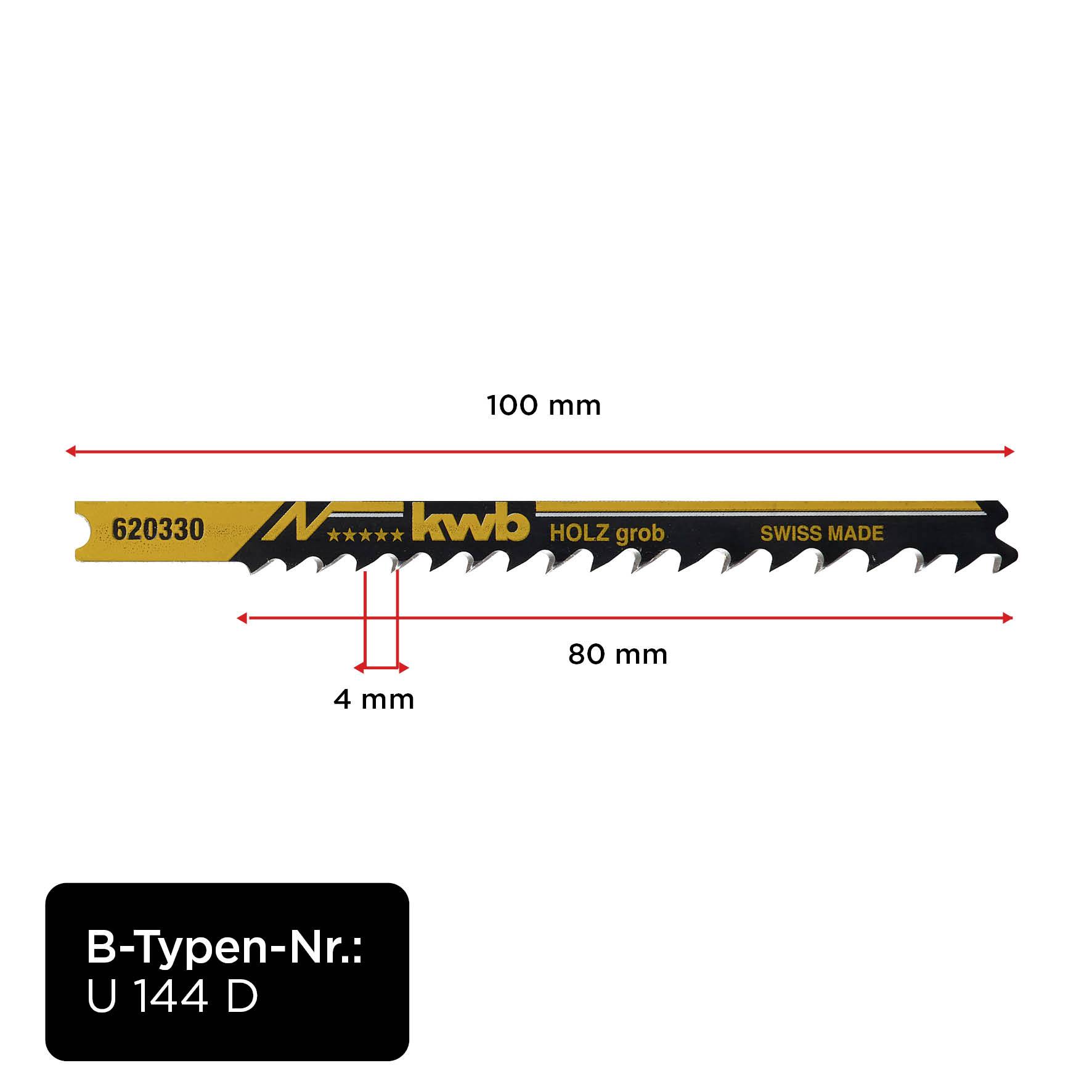 Brzeszczot do prac drewnianych, długość 100 mm, rozstaw zębów 4 mm, marka KWB, model U 144 D, wyprodukowany w Szwajcarii.