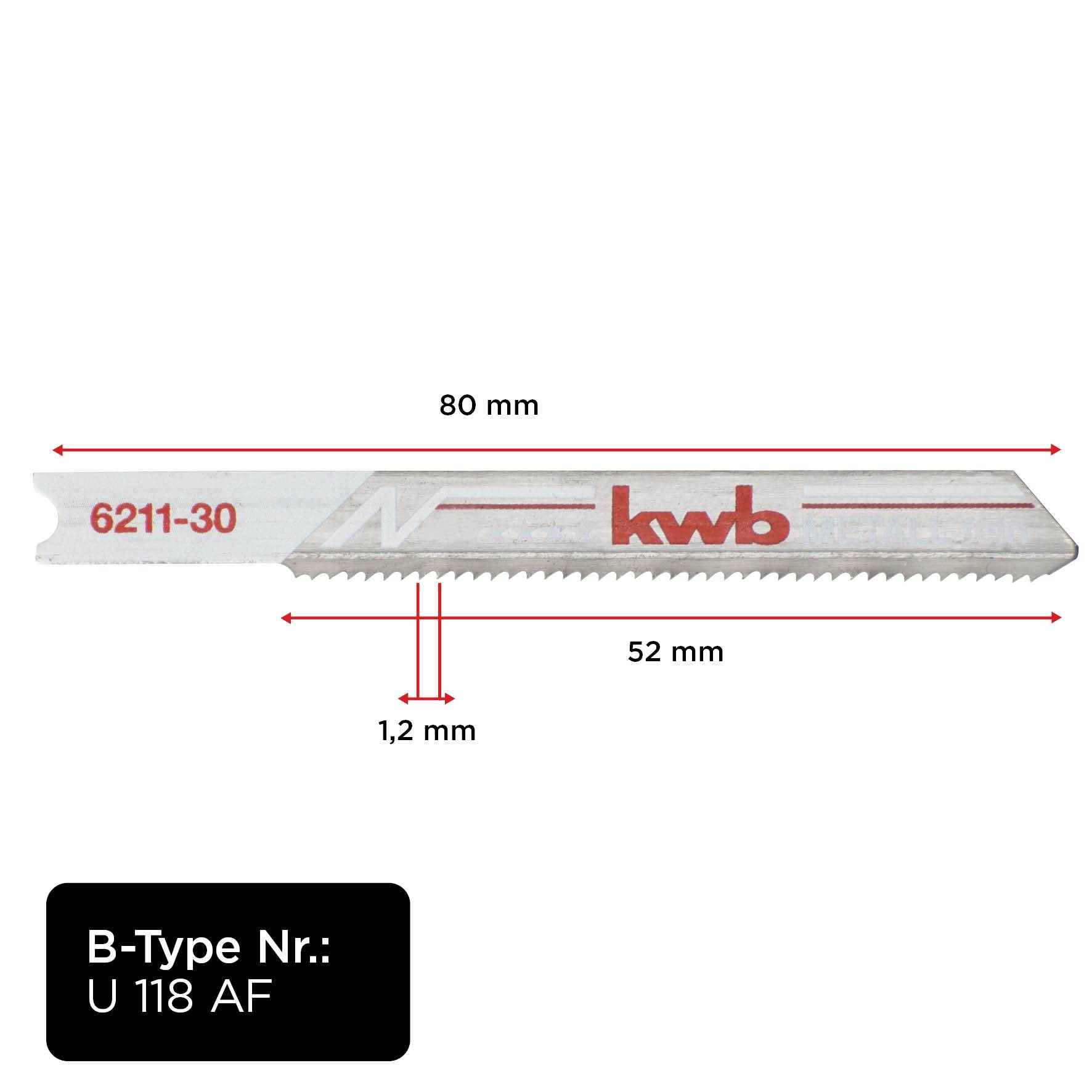 Brzeszczot o długości 80 mm, grubości 1,2 mm i powierzchni zębów 52 mm. Tekst na brzeszczocie: '6211-30', 'kwb'. Numer typu na dole: 'B-Type Nr.: U 118 AF'.