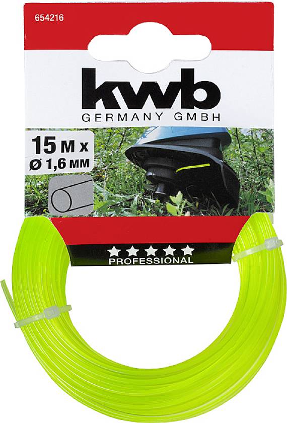 Zielona szpula żyłki tnącej firmy 'kwb GERMANY GMBH', długość 15 metrów, średnica 1,6 mm, przeznaczona do profesjonalnych prac ogrodowych.