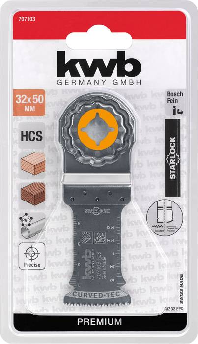 'Ostrze piły Starlock firmy kwb Germany, 32x50mm, odpowiednie do drewna, PVC, metalu. Zapakowane z grafikami przedstawiającymi możliwości zastosowania.'