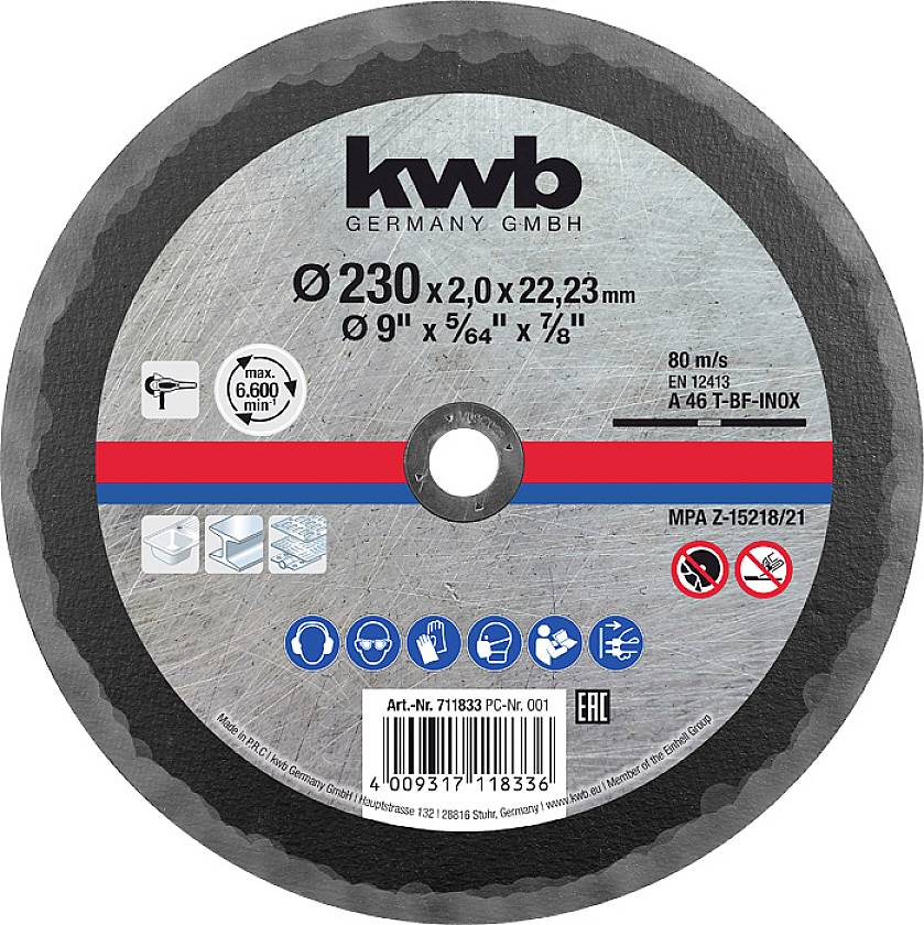 Tarcza szlifierska z logo 'KWB Germany', średnica 230 mm, grubość 2 mm. Odpowiednia do obróbki metalu. Prędkość 80 m/s.