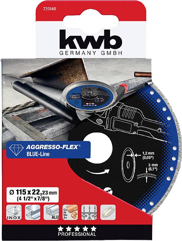 Tarcza szlifierska KWB Aggresso-Flex Blue-Line, Ø 115 x 22,23 mm, do obróbki metali. Opakowanie przedstawia przykład zastosowania i specyfikacje.