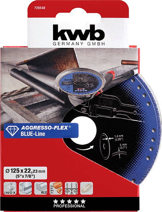 Opakowanie tarczy szlifierskiej firmy kwb Germany GmbH, przedstawiające 'AGGRESSO-FLEX® BLUE-Line', średnica i zastosowanie materiałowe: Inox, Aluminium, Metal.