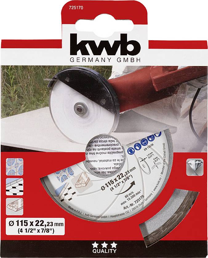 Opakowanie tarczy tnącej do szlifierki kątowej, odpowiedniej do materiałów takich jak kamień i beton, o średnicy 115 x 22,23 mm.