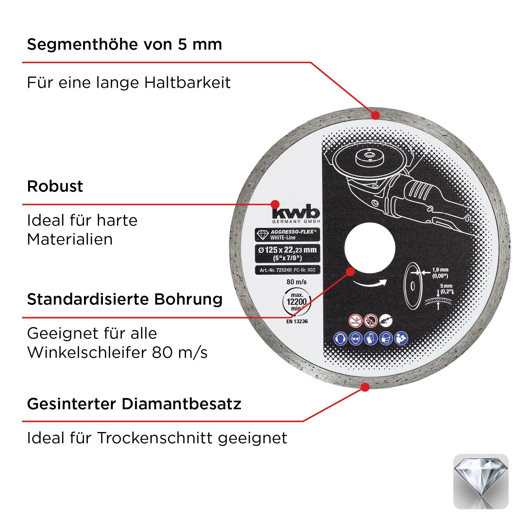 Wysokość segmentu 5 mm: Dla długiej trwałości. Wytrzymała: Idealna do twardych materiałów. Znormalizowany otwór: Odpowiednia do wszystkich szlifierek kątowych 80 m/s. Spiekana powłoka diamentowa: Idealna do cięcia na sucho.