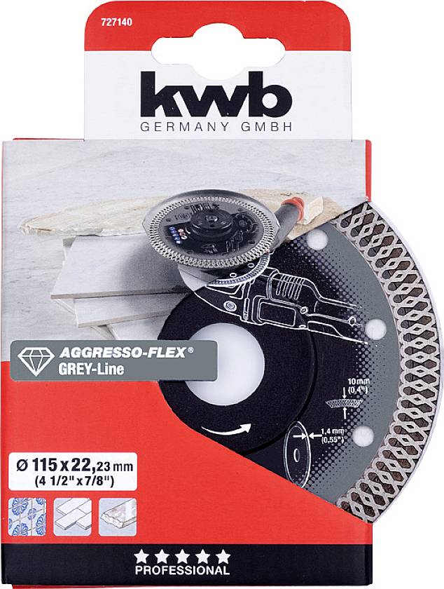 Opakowanie tarczy tnącej 'kwb'. Prezentuje agresywną tarczę do cięcia z serii Grey-Line o rozmiarze 115 x 22,23 mm, przeznaczoną dla profesjonalistów.