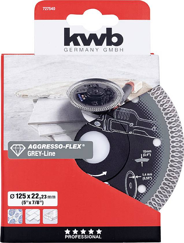 Opakowanie tarczy tnącej marki 'kwb' z napisem 'AGGRESSO-FLEX GREY-Line', prezentujące tarczę wraz ze szczegółami technicznymi.
