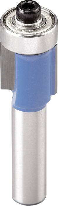 Frez z łożyskiem kulkowym i niebieską osłoną z tworzywa sztucznego, z ostrzem metalowym skierowanym w dół. Odpowiedni do precyzyjnej obróbki drewna.