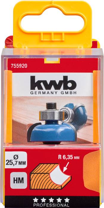 Opakowanie frezarki krawędziowej marki kwb o średnicy 25,7 mm i promieniu 6,35 mm, przeznaczonej do prac w drewnie.