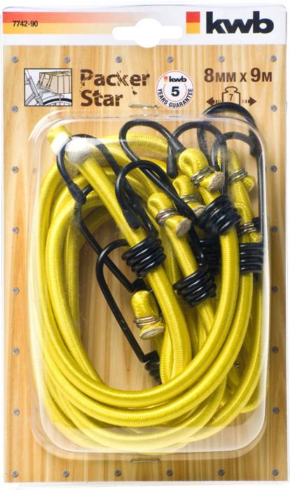 Opakowanie z żółtymi linkami rozciągliwymi 'Packer Star', średnica 8 mm, długość 9 m, z wytrzymałymi hakami. Marka KWB w prawym górnym rogu.