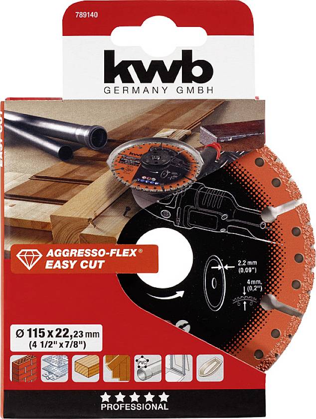 Tarcza tnąca KWB Aggresso-Flex Easy Cut do metali, drewna i tworzyw sztucznych. Opakowanie prezentuje zastosowania i specyfikacje.