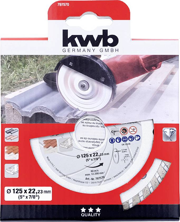 Opakowanie końcówki do szlifowania firmy KWB Germany, prezentujące właściwości produktu oraz wskazówki dotyczące zastosowania na różnych powierzchniach.