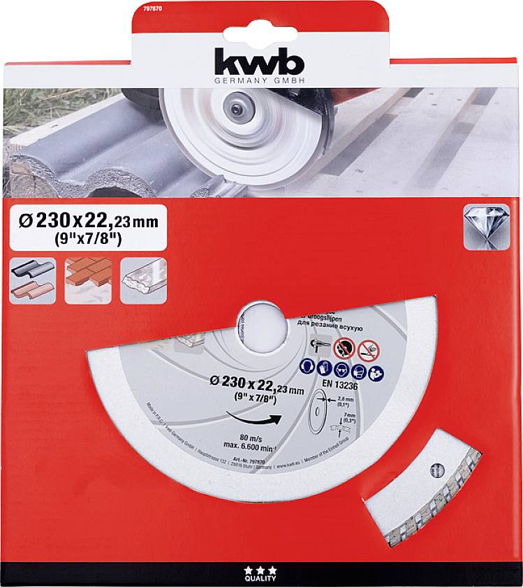 kwb 797870 Алмазний відрізний диск Діаметр 230 мм Діаметр отвору 22,23 мм камінь 1 шт.