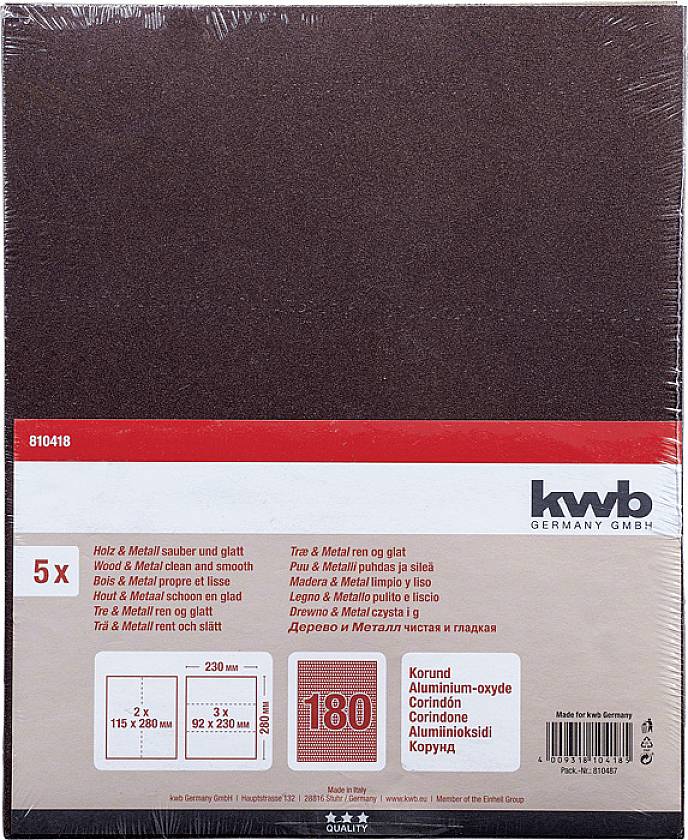 Papier ścierny do drewna i metalu, 5 arkuszy, ziarnistość P180, wymiary 230 x 280 mm, KWB Germany GmbH, wszechstronnego zastosowania.