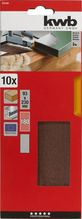 Zestaw papierów ściernych, 10 sztuk, ziarnistość 180, rozmiar 93 x 230 mm, odpowiedni do prac drewnianych.