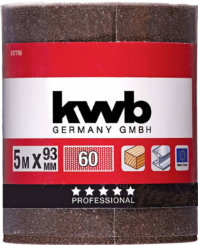 Rolka papieru ściernego, marka 'kwb Germany', długość 5 m, szerokość 93 mm, ziarnistość 60, symbole do obróbki drewna i metalu, jakość unijna.