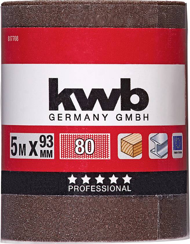 Rolka papieru ściernego z nadrukiem 'kwb Germany GmbH', wymiary 5m x 93mm, ziarnistość 80, odpowiednia do drewna i metalu.