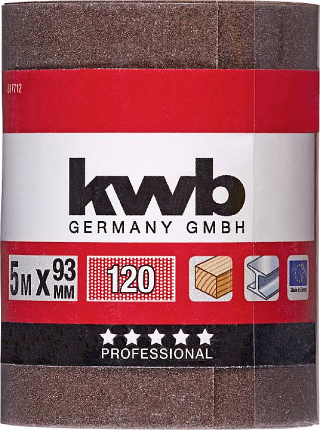 Rolka papieru ściernego marki 'kwb Germany GmbH', 5 m x 93 mm, ziarnistość 120, odpowiednia do drewna i metalu, profesjonalna jakość.