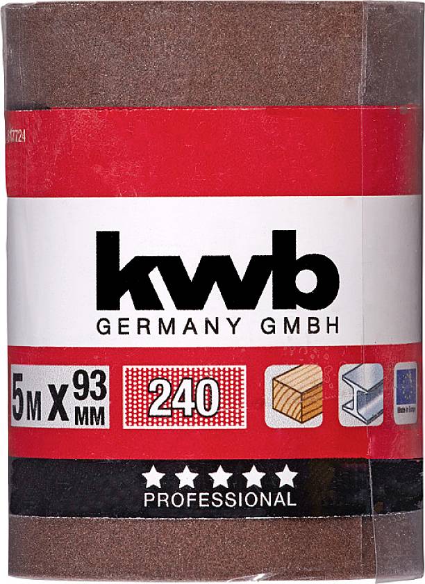 Rolka papieru ściernego marki 'kwb Germany GmbH', 5 m x 93 mm, ziarnistość 240, odpowiednia do szlifowania drewna i metalu.