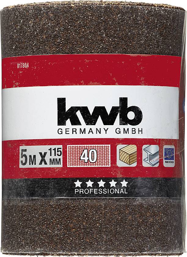 Rolka papieru ściernego firmy 'kwb Germany GmbH', 5 m x 115 mm, ziarnistość 40, odpowiednia do drewna, metalu, farby.