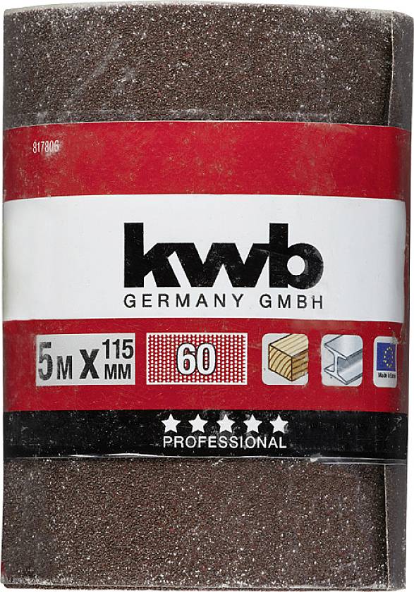 Rolka papieru ściernego KWB, 5 m x 115 mm, ziarnistość 60, odpowiednia do drewna, metalu i lakieru, z europejskim znakiem jakości.
