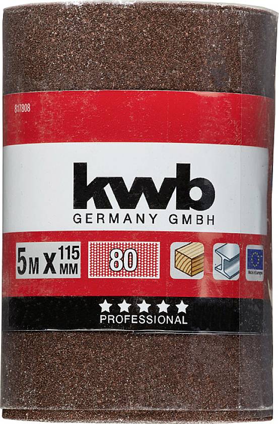 Rolka papieru ściernego marki 'kwb', 5 m x 115 mm, ziarnistość 80, odpowiednia do drewna i metalu, z profesjonalną oceną.
