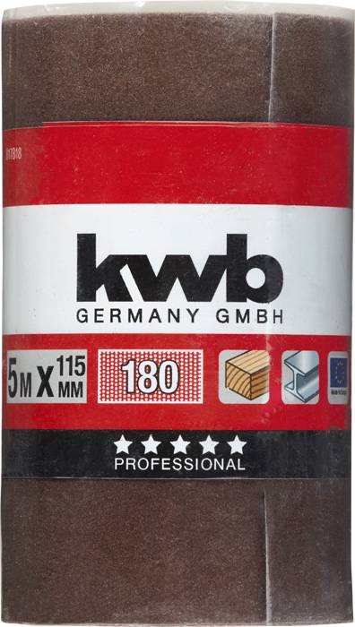 Rolka papieru ściernego marki kwb, 5m x 115mm, ziarnistość 180, odpowiednia do drewna i metalu, opisywana jako profesjonalne narzędzie.