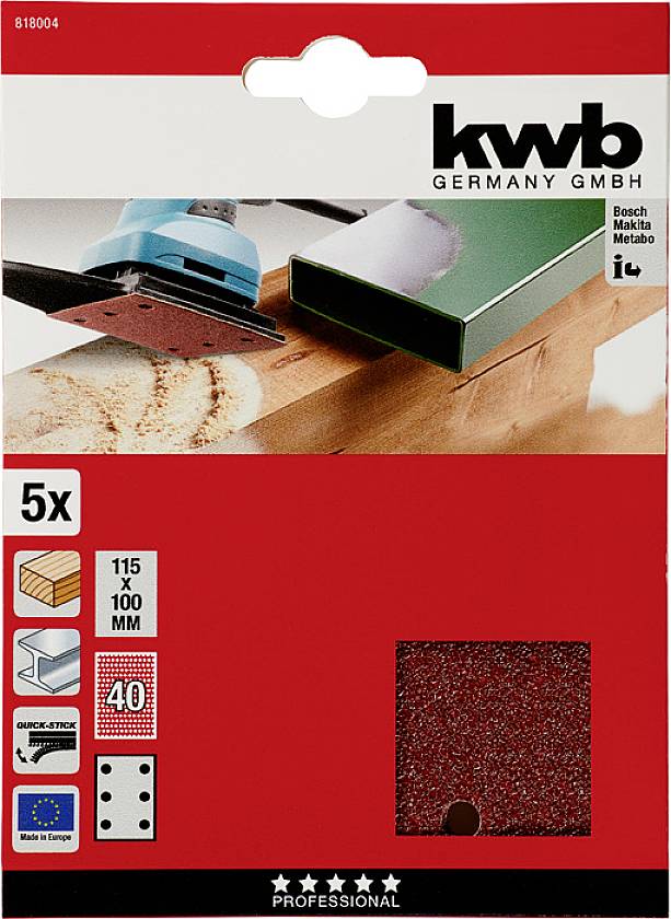 'Kwb Germany GmbH Papier ścierny, 5 sztuk, rozmiar 115 x 100 mm, ziarnistość 40, odpowiedni do prac drewnianych, kompatybilny z Bosch, Makita, Metabo.'