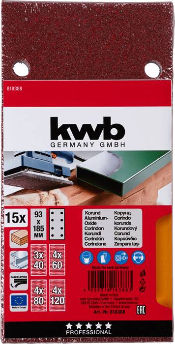 'Kwb Germany GmbH 15x Papier ścierny 93x185 mm, ziarnistość 40-120, do drewna, farby i metalu. Przedstawione narzędzia i papier ścierny.'