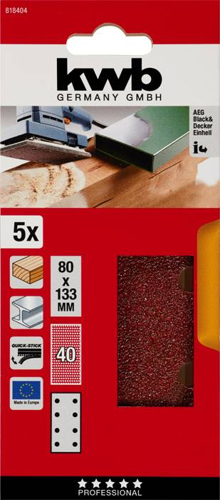 Opakowanie arkuszy ściernych marki kwb Germany GmbH, odpowiednie do AEG, Black & Decker. Wymiary: 80 x 133 mm, ziarnistość 40, 5 sztuk. Wyprodukowano w Europie.