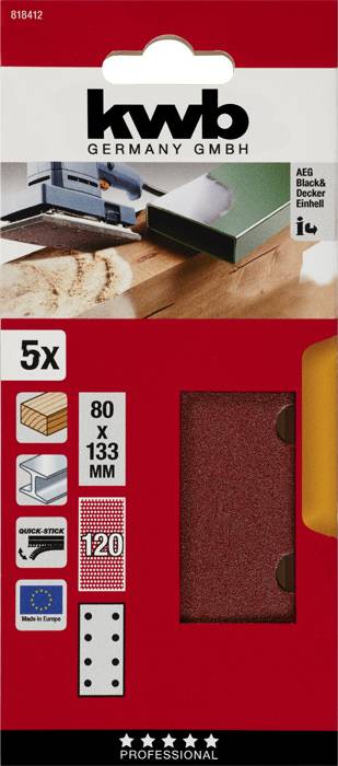 Opakowanie papieru ściernego marki KWB, 5 sztuk, wymiary 80 x 133 mm, odpowiednie do szlifierek oscylacyjnych, ziarnistość czerwona, z szybkim mocowaniem.