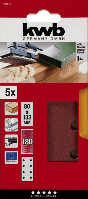 Papier ścierny w kolorze rdzawo-brązowym 80 x 133 mm, gradacja 180, 5 sztuk w opakowaniu. Marka 'kwb Germany GmbH'. Odpowiedni do szlifierek mimośrodowych.