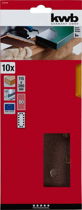 Opakowanie arkuszy ściernych marki 'kwb'. Pokazuje ilość (10 sztuk), wymiary (115 x 280 mm), ziarnistość (80) oraz zastosowanie do drewna.
