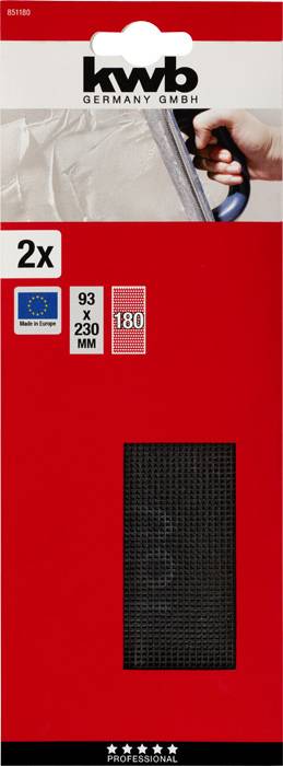 Opakowanie papieru ściernego firmy 'KWB GERMANY GMBH', rozmiar 93x230 mm, ziarnistość 180. Zawiera dwa arkusze, przeznaczone do użytku profesjonalnego.