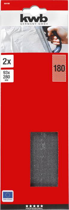 Dwie tarcze ścierne '93 x 280 mm, ziarnistość 180' marki kwb Germany, zapakowane na czerwonym tle. Obraz dłoni szlifującej u góry po prawej stronie.