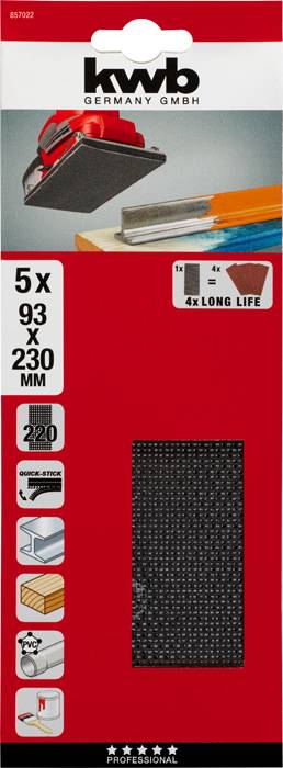 Opakowanie produktu arkuszy ściernych KWB. Zawiera 5 sztuk, 93 x 230 mm, ziarnistość 220. Odpowiednie do drewna, metalu i farby.