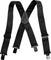 Czarne szelki z regulowanymi paskami i plastikowymi klipsami, odpowiednie do odzieży roboczej lub casualowej.