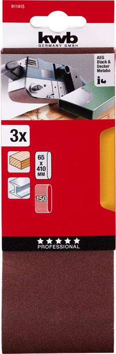 Opakowanie taśm szlifierskich marki 'kwb', odpowiednich do elektronarzędzi AEG Block & Decker. Zawiera 3 sztuki, rozmiar 65 x 410 mm, ziarnistość 150.